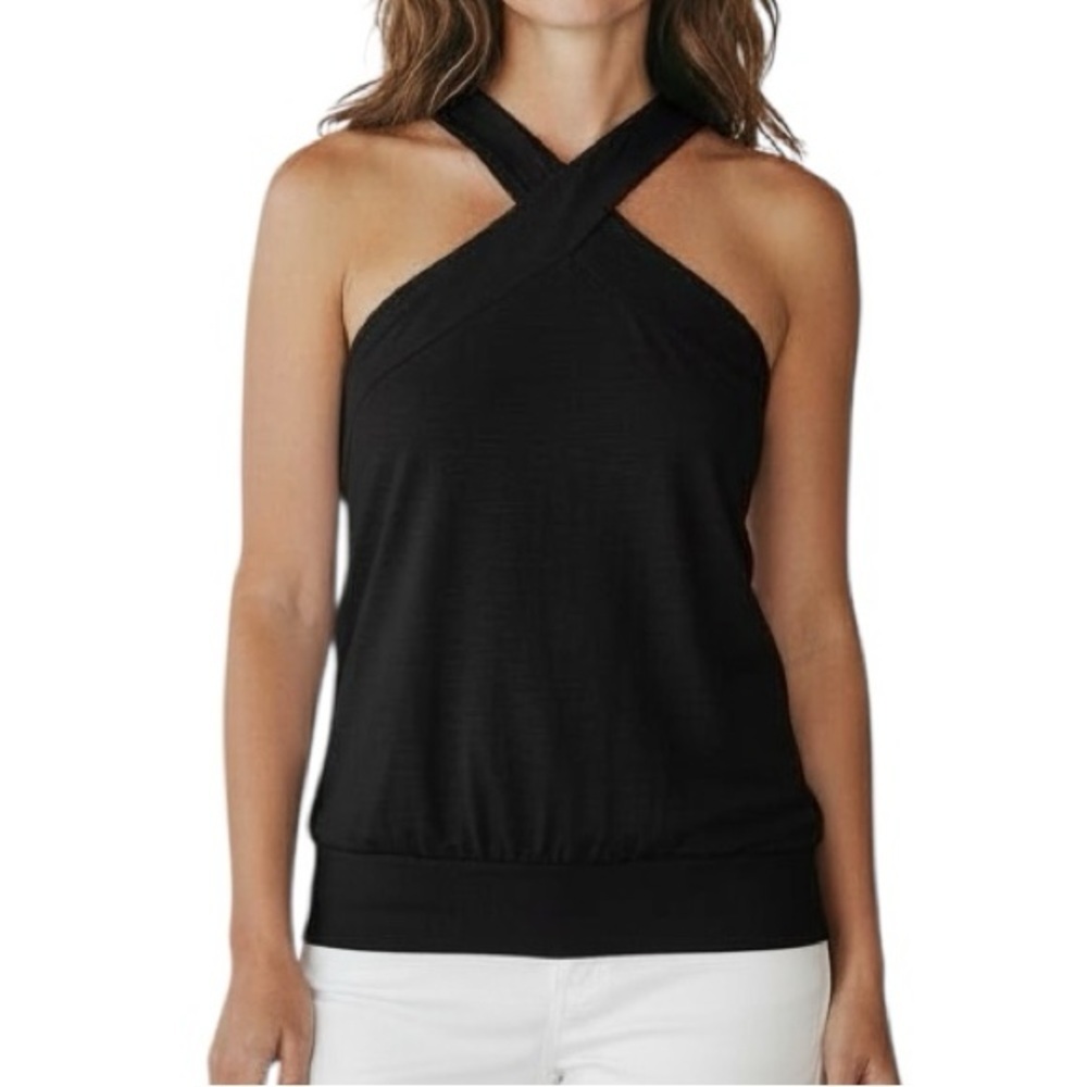 NWT WHBM Black Sleeveless Halter Criss Cross Keyhole Back Blouse Size X-Large